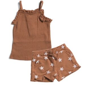 Janie & Jack Rust Knit Sparkly Tank and Miles the Label Spangled Shorts Set